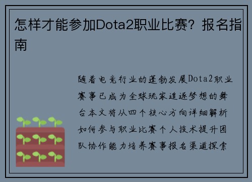 怎样才能参加Dota2职业比赛？报名指南