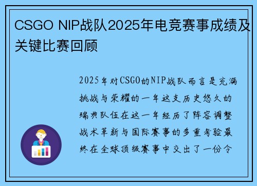 CSGO NIP战队2025年电竞赛事成绩及关键比赛回顾